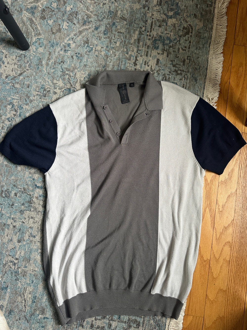 Soul Star England Collar Pullover Sweater 1/4 Button Navy Gray Mens